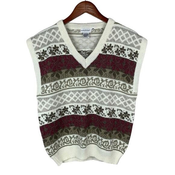 Vintage White Stag Sweater Vest Wool Blend Knit Flower Stripe Pattern Women’s M - Picture 1 of 7
